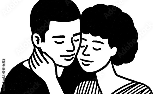Tender moment: couple embracing with hands on faces in expressive sketch art