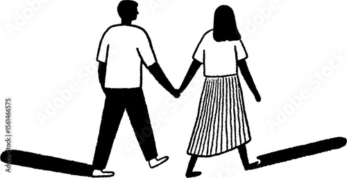 Hand drawn sketch of couple holding hands in serene stroll