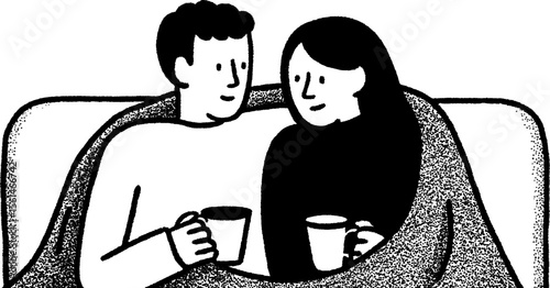 Cozy couple sharing a blanket on couch with warm drinks sketch - perfect for winter or romantic themes