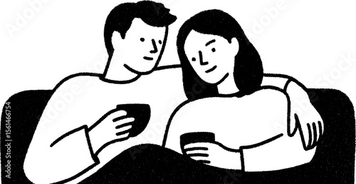 Cozy couple relaxing with blanket and cups on couch