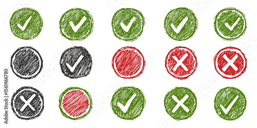 Selection of Green and Red Symbol: A collection of hand-drawn, playful circular symbols, presenting the choice between a checkmark indicating correctness and an "X" suggesting error.
