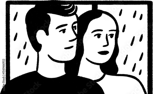 Couple gazing at rain through window - artistic sketch for emotional design