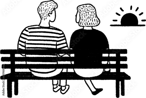 Romantic couple on bench enjoying sunset