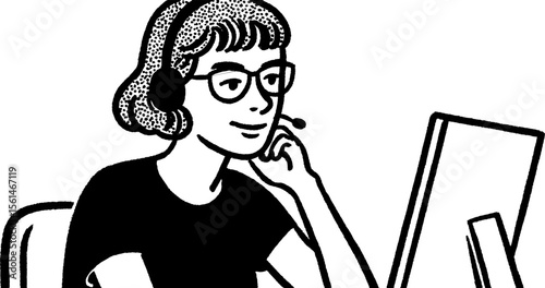 Customer support agent sketch engaging with two clients for communication and assistance
