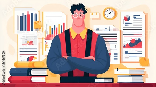 Confident External Auditor with Glasses and Folded Arms Stands Before Financial Charts