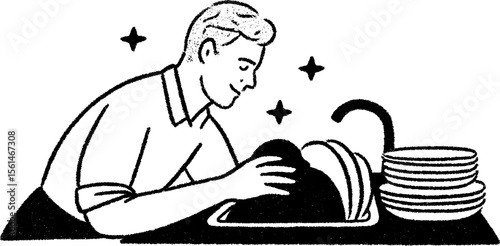 Hand drawn sketch of person washing dishes in kitchen for cleaning concept