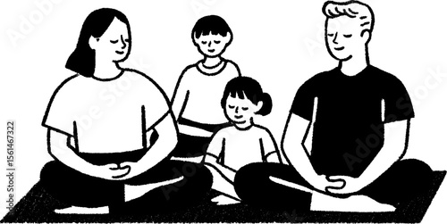 Family yoga practice in living room, mindful meditation, relaxation and connection