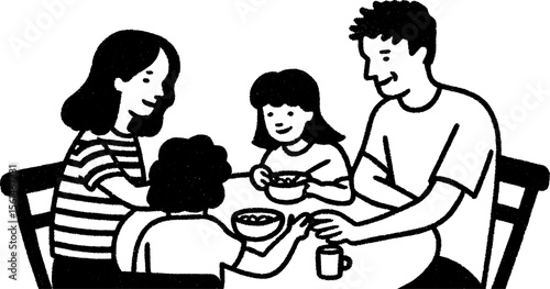 Family gathering at the dinner table in hand drawn kitchen scene