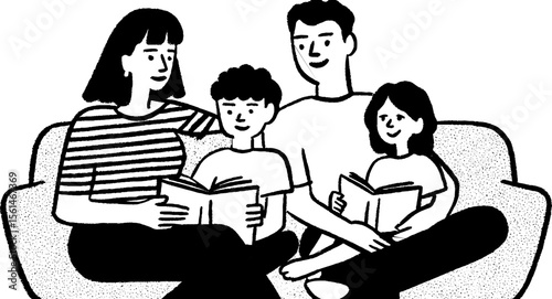 Family bonding time: cozy moment on a sofa with books