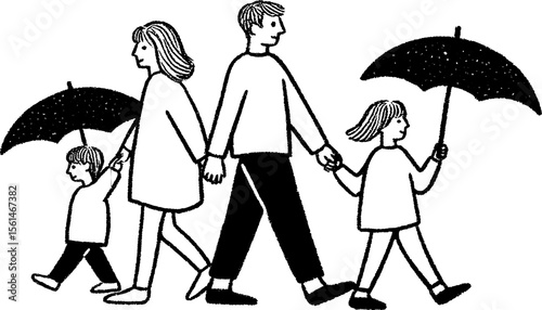 Family stroll in the rain with umbrellas - hand-drawn sketch for designs