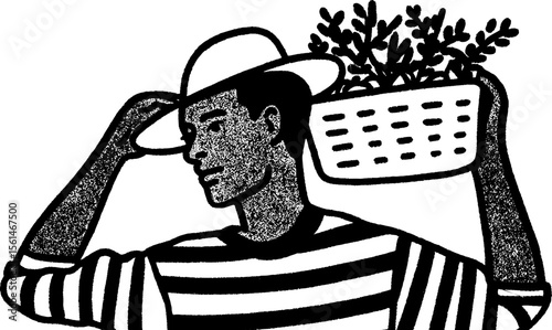 Farmer with basket of fresh produce – hand drawn sketch for agricultural design