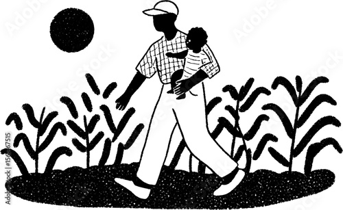 Farmer carrying child in sunlit field scene sketch