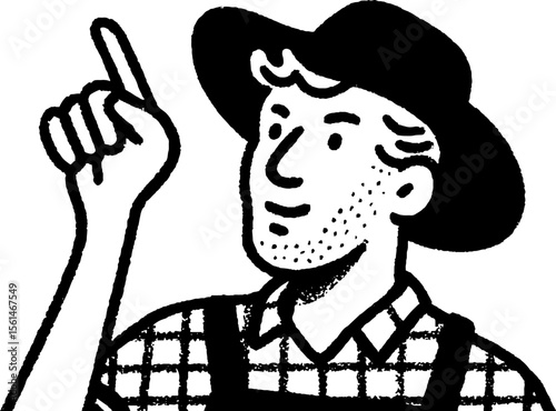 Farmer observing weather with a finger raised — rustic hand-drawn sketch