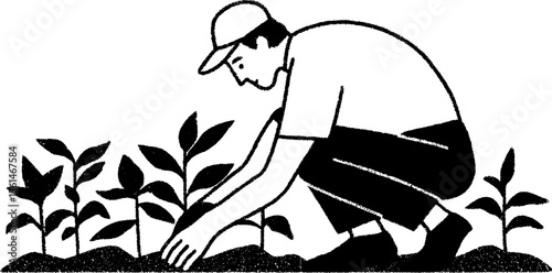 Crouching farmer checking young plants in hand drawn sketch design