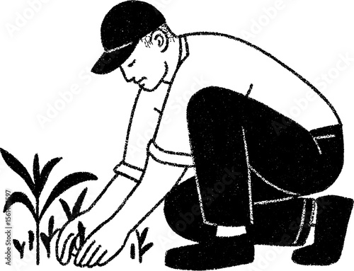 Farmer inspecting young plants with careful attention and detail