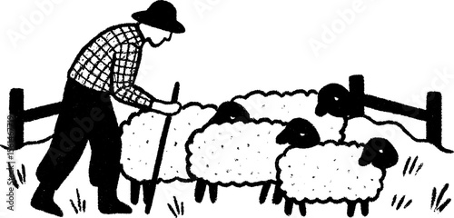 Farmer herding sheep with stick in pastoral landscape sketch