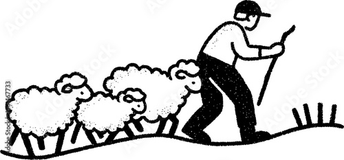 Pastoral scene of farmer herding sheep with stick - countryside charm for design projects