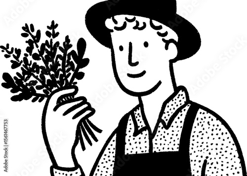 Farmer holding herbs sketch for rustic design and agricultural themes