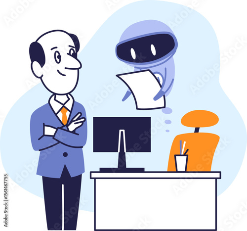 Artificial Intelligence Helping Business Professional with Documents. Vector Illustration of Office Worker and AI Assistant Collaborating in Workplace.