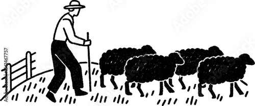 Farmer herding sheep with stick in rustic countryside scene sketch