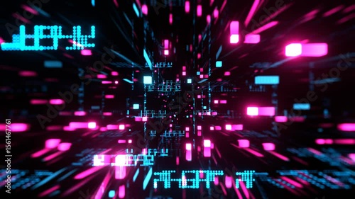 Cyan and Pink Digital Neon Space of Cubes and Dots Background VJ Loop in 4K