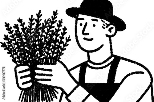 Farmer holding herbs sketch - rustic agricultural concept for design
