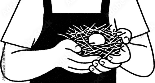 Farmer holding fresh egg in nest sketch - rustic rural theme for art and design
