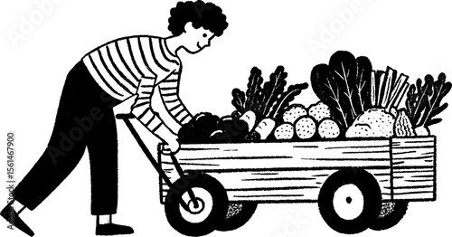 Farmer loading fresh vegetables into wooden cart sketch - farm life and harvest concept