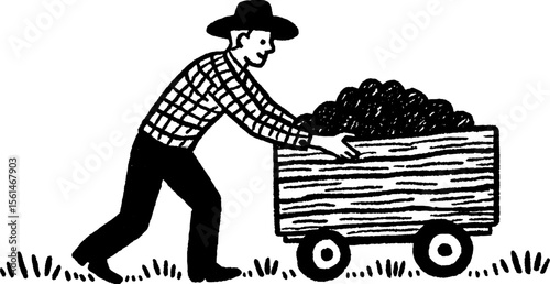 Farmer pushing cart of fresh vegetables in rustic sketch design