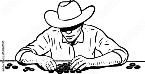 Farmer organizing seed packets at table with hat and focused expression