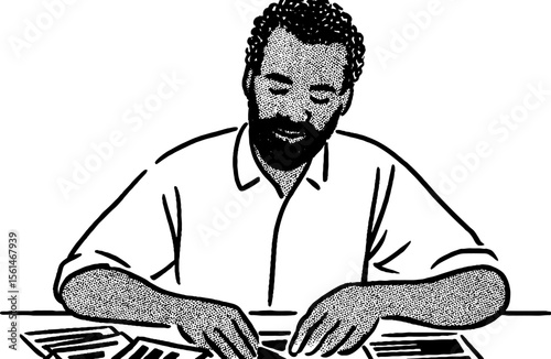 Farmer organizing seed packets at table - hand drawn sketch for agricultural design