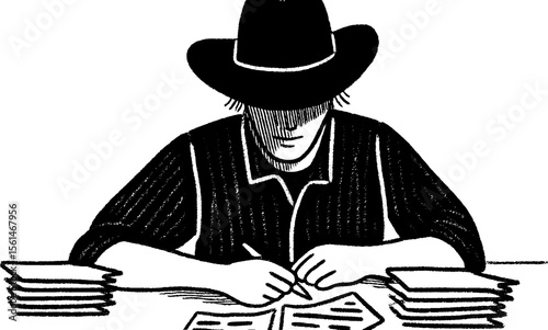 Farmer organizing seed packets with sketch style design for agricultural planning