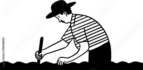 Farmer raking leaves in a field amidst planting activities