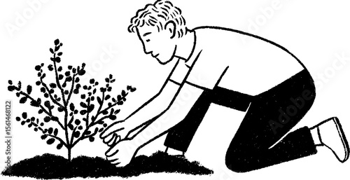 Farmer pruning branches scene with textured sketch for nature design