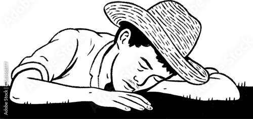 Sketch of farmer resting under straw hat for relaxation theme