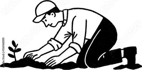Sketch of a farmer planting seeds in turned soil, agricultural theme