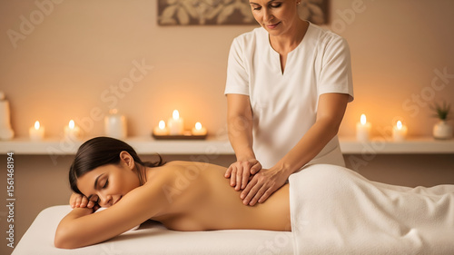  Woman receiving relaxing back massage in luxury spa by a female therapist with candles and essential oils, ideal for luxury spa and wellness advertisements
