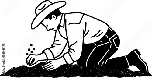 Farmer planting seeds in freshly turned soil - rustic farming scene