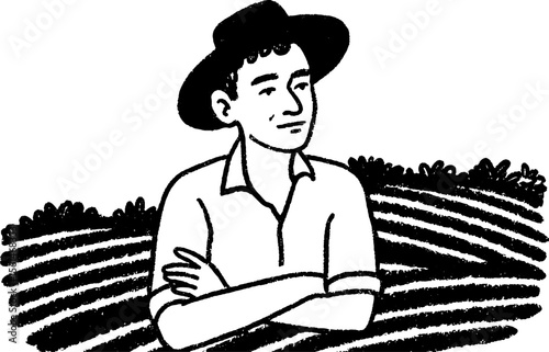 Sketch of a farmer with arms crossed in field for rural theme design