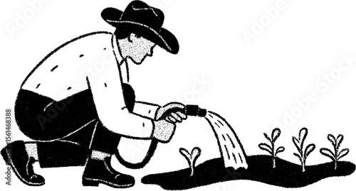 Farmer watering seeds with hand pump sketch - rustic agricultural scene