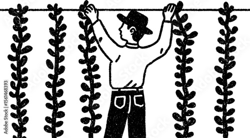 Farmer pruning vines on trellis art - gardening scene for nature lovers