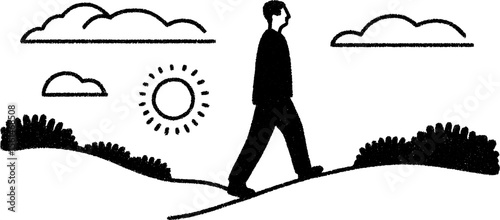 Farmer strolling through misty fields in simple line art sketch design