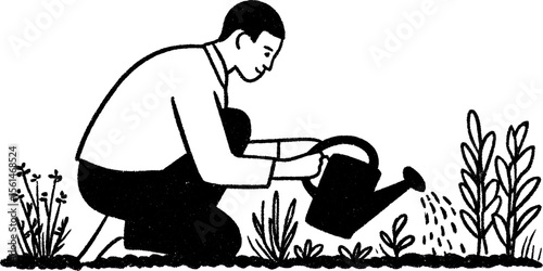 Farmer watering vegetable garden - tranquil rural scene for agriculture design