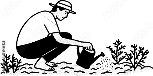 Farmer tending to vegetable garden with watering can sketch for eco-friendly design