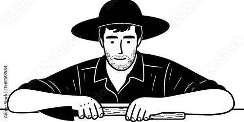 Farmer with tired smile leaning on fence in hand drawn sketch