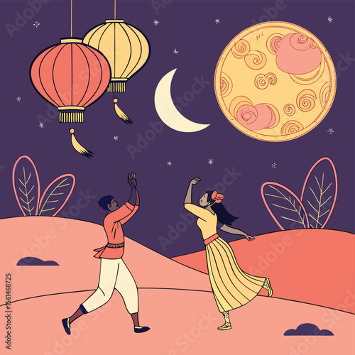 Couple dancing under lanterns and moon on hills at night with stars and crescent moon in the sky scene