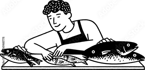 Fishmonger skillfully cleaning fish at market counter