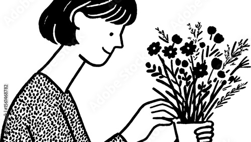 Hand drawn sketch of a florist arranging a flower bouquet for creative design