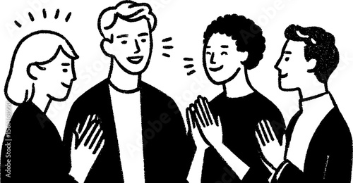 Friendly team applauding colleague in hand-drawn sketch