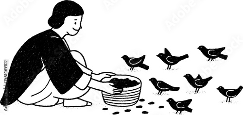 Grandfather feeding birds in yard - hand drawn sketch for nostalgic scenes